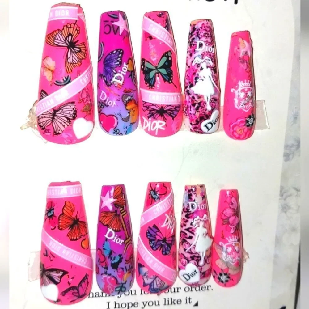 Hand crafted custom print 10pc short acrylic press on nails sz large